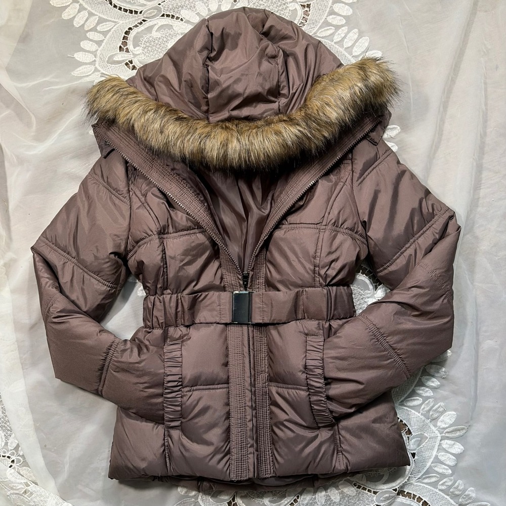 Y2K Brown Puffer Jacket Faux Fur Hood Belted XS Coat